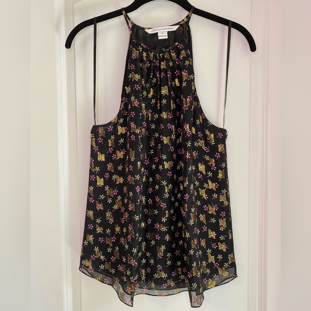 Diane von Furstenberg Jovia Foil Print Halter Blouse Black/Gold Size M